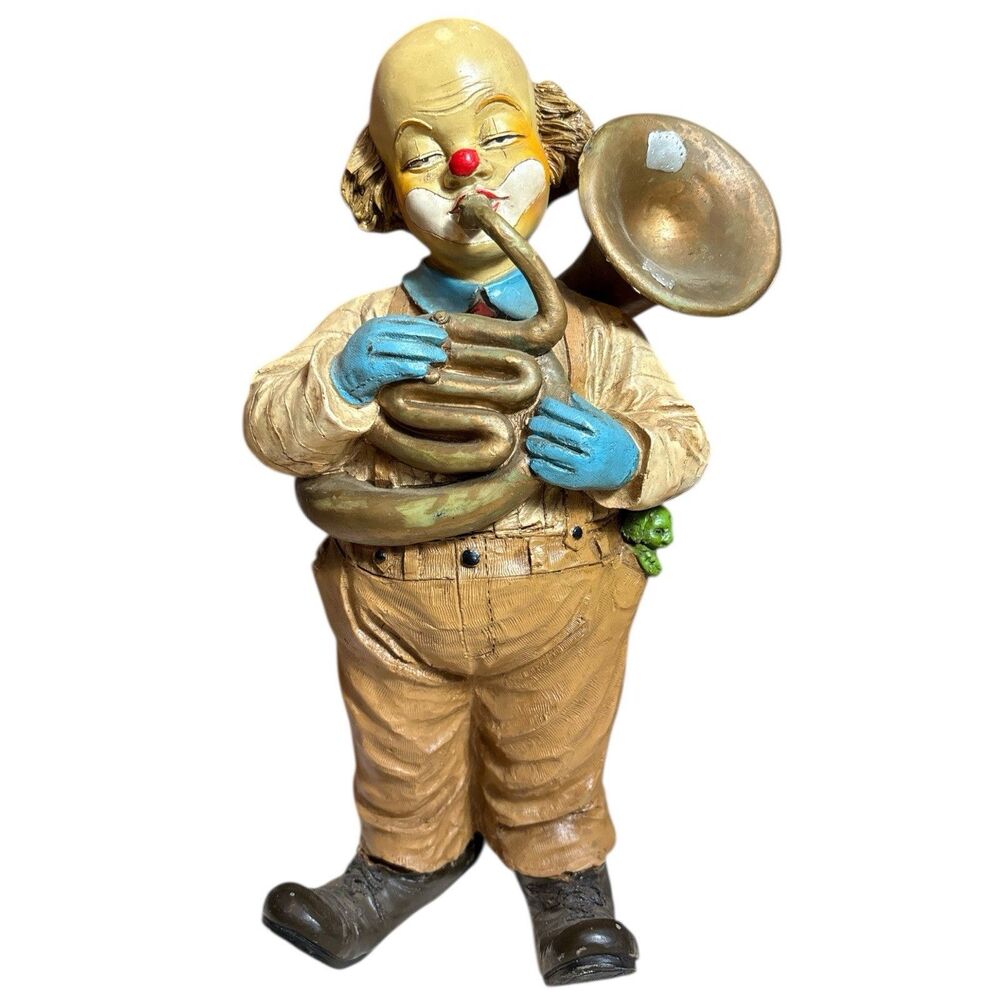 Vtg Hand Painted Sad Hobo Clown Musician Figurine playing Trombone 12”